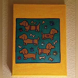 Handpainted Weiner Dogs Acrylic Painting On Canvas Wall Decor 9x12"